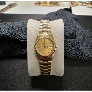 Seiko Watch Women Gold Tone Quartz Day Date Fluted Bezel Vintage 3E23-0A69